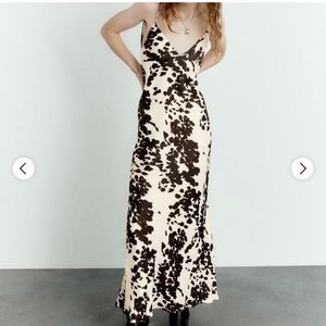 Zara | Satin Effect Cow Print Slip Midi Dress